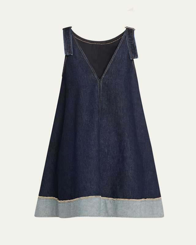 Trapeze Denim Contrast-Hem Mini Dress